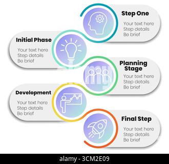 Stilvolle Infografik-Vorlage mit Verlaufssymbolen und 5 Stufen für die Geschäftsplanung oder den Projektworkflow. Editierbare Infografik in 5 Schritten mit modernem Design für Marketing-, Management- und Strategiepräsentationen. Moderne Infografik für Prozessabläufe, Infografik mit Symbolen und Farbverläufen Stock Vektor