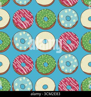 Buntes Donuts-Muster mit lustigen Designs auf blauem Hintergrund Stock Vektor