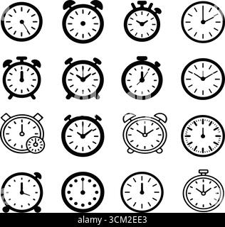 Schwarz-weiße Uhr und Wecksymbol in handgezeichneten Abbildungen Stock Vektor