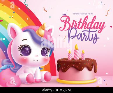 Clipart-Design mit Einhorn-Charakter zum Geburtstag. Geburtstagsparty Einladungskarte mit niedlichem Einhorn, rosa Kuchen und bunten Regenbogen im magischen Hintergrund Stock Vektor