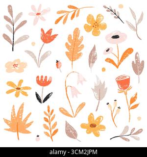 Blume Frühling Vektor Garten nettes Element Set. Handgezeichnete Pastellblume, Blatt, Wildblume Gänseblümchen niedliche Elemente mit Kreidekreide Textur. Doodle Garten Blume Pflanze Kind Hintergrund. Vektorabbildung Stock Vektor