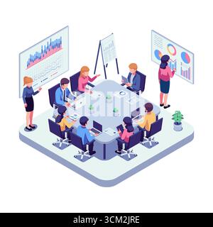 Isometrisches Business Meeting mit Datenanalyse und Team Collaboration. Business Meeting und Team Building Konzept Stock Vektor