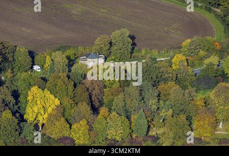 Luftaufnahme, Maurischer Pavillon, Wohngebäude und Rheurdt-Standesamt, Bäume in Herbstfarben, Schaephuysen, Rheurdt, Ruhrgebiet, Unterrhein Stockfoto