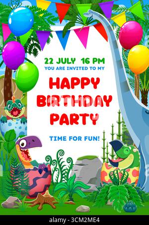 Geburtstagsflyer mit niedlichen prähistorischen Dinosauriern. Kinder Feiertagsfeier Vektor Flyer, Geburtstagsparty Poster mit neugeborenen Baby Dinosaurier in Eiern fröhliche Charaktere, Ballons und Girlande Stock Vektor