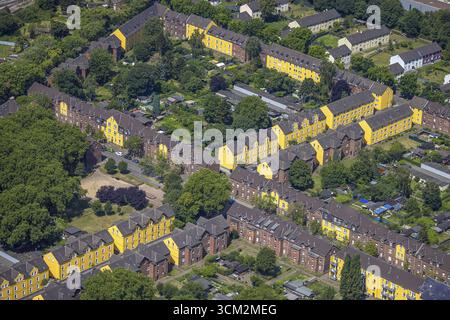Luftansicht, Duisburger Jupp-Kolonie, Arbeitersiedlung mit Reihenhäusern, Steigerstraße und Glueckaufstraße mit grünem Innenhof, Alt-H Stockfoto