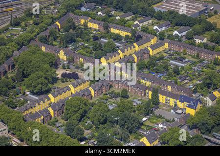 Luftansicht, Duisburger Jupp-Kolonie, Arbeitersiedlung mit Reihenhäusern, Steigerstraße und Glueckaufstraße mit grünem Innenhof, Alt-H Stockfoto