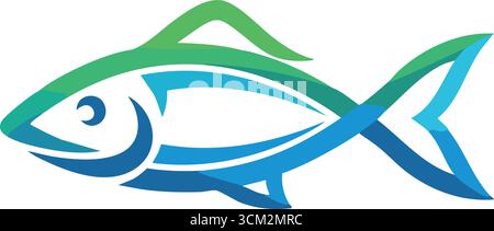 Ein schlankes, sich überschneidendes Paar stilisierter Fische, gezeichnet mit blauen und grünen fließenden Linien für ein sauberes Wasseremblem Stock Vektor