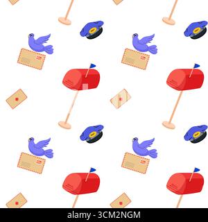 Farbenfrohes Muster mit Briefkästen, Vögeln und Umschlägen in verspieltem Design Stock Vektor