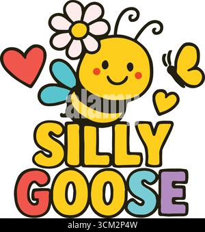 Silly Bee with Hearts & Flowers – skurriler Aufkleber mit Cartoon Vibes Stock Vektor