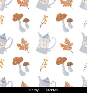 Warme, gemütliche Atmosphäre mit nahtlosem Herbstmuster. Teekanne, Pilze, Herbstblätter, Beeren auf weißem Hintergrund. Farbenfroher Hintergrund mit Herbstelementen und Attributen. Niedliches Muster mit Herbststimmung für Textilien, Verpackungen, Tapeten, Design, in Vektorgrafiken. Vektorabbildung. Stock Vektor
