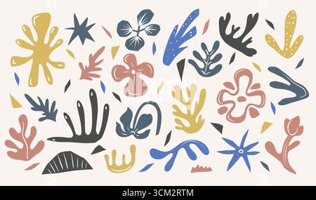 Farbenfrohe abstrakte Elemente mit Figuren, Vögeln und Pflanzen. Vektor Stock Vektor