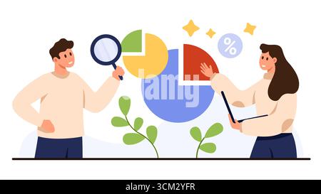 Geschäftsleute diskutieren Tortendiagramm Analyse Teamwork Datenpräsentation Finanzbericht Strategie Wachstumskonzept isoliert auf weißem Hintergrund Vektorillustration Stock Vektor