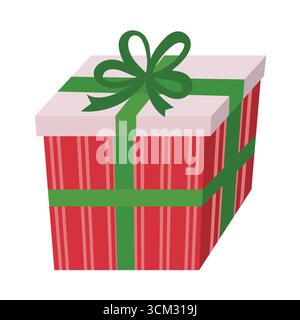 Niedliche flache Zeichentrickfigur einer rot gestreiften Geschenkbox mit grünem Band und Schleife. Dekoratives Clipart für Weihnachten, Geburtstag, Veranstaltung, Feiertage Surpri Stock Vektor