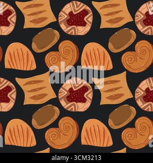 Nahtloses Muster verschiedener Gebäckstücke auf dunklem Hintergrund Stock Vektor