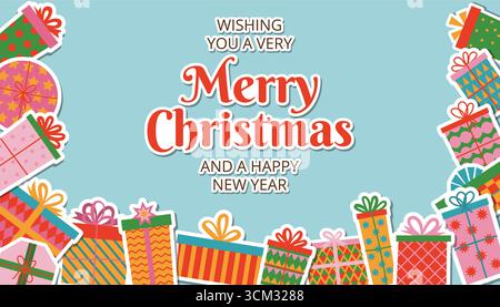 Flaches Weihnachtsposter mit eleganter festlicher Inschrift und Rahmen aus Aufklebern für Geschenkschachteln. Niedliches handgezeichnetes Clipart für den Urlaub, Celebra Stock Vektor