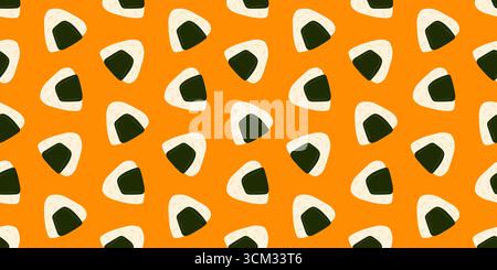 Ein leuchtend orangefarbener Hintergrund zeigt ein sich wiederholendes Muster von Sushi-Formen mit weißem Reis und grünem Algen. Das verspielte Design unterstreicht Kreativität und Kreativität Stock Vektor