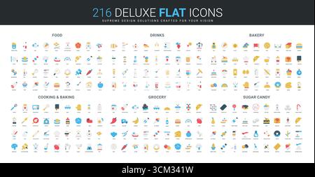 Farbenfrohe flache Icons mit Speisen, Getränken, Bäckerei, Kochen, Lebensmittel, und Zuckerbonbons mit modernem minimalem Stil für kulinarische, Ernährungs- und Einkaufsthemen isolierte Vektor-Illustration Stock Vektor