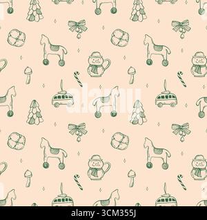 Vintage Weihnachten wunderschönes nahtloses Muster in grüner Farbe. Handgezeichnetes Vintage-Spielzeug für weihnachtsbäume Stock Vektor