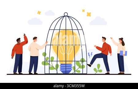 Große gelbe Glühlampe in einem Käfig eingeschlossen von Menschen, die kreative Blockade, Hindernisse, Einschränkungen und Problemlösung in Teamarbeit isoliert auf weißem Hintergrund Vektorillustration symbolisieren Stock Vektor