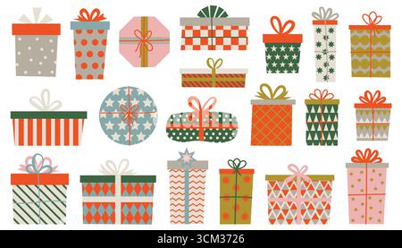 Geschenkboxen im flachen Cartoon-Stil in bunter Verpackung, gebunden mit bunten Bändern und Schleifen. Süßes festliches Clipart zu Weihnachten, Geburtstag, Party, Cele Stock Vektor