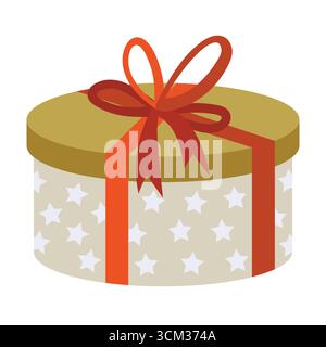 Flache runde Geschenkbox im Cartoon-Stil mit Sternenmuster, gebunden mit leuchtend rotem Band und Schleife. Niedliche bunte handgezeichnete Clipart für Weihnachten, Geburtstag, Urlaub Stock Vektor