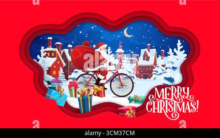 Weihnachtspapier geschnittene Banner mit Weihnachtsmann auf Fahrrad mit Geschenktüte, für Winterurlaub, Vektor-Grußkarte. Frohe Weihnachtsbanner mit Neujahrsgeschenken und Dorf im Schnee in Papierrahmen Stock Vektor