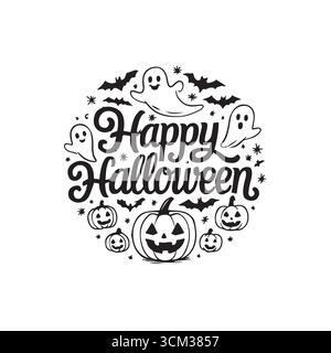 Der Satz „Happy Halloween“ steht in einer skurrilen Schrift im Mittelpunkt Stock Vektor