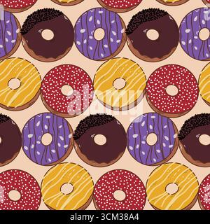Farbenfrohe Donut-Muster mit verschiedenen Glasur- und Toppings-Designs Stock Vektor
