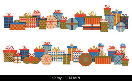 Cartoon-Design mit niedlichen Geschenkboxen in einer langen Reihe. Helle bunte handgezeichnete Clipart für Weihnachten, Geburtstag, Weihnachtsgrüße, Celebra Stock Vektor