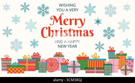 Flache Weihnachtskarte im Cartoon-Stil mit eleganter festlicher Inschrift, dekorativen Schneeflocken und hellen Geschenkboxen. Niedliches, handgezeichnetes Clipart für den Winter Ho Stock Vektor