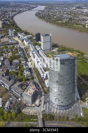 Luftaufnahme, Bundesbezirk mit Postturm am Rhein, Deutsche Welle, UN-Campus der Vereinten Nationen mit langer Eugen und ehemaliger deutscher Bundest Stockfoto