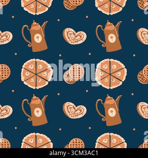 Vektor nahtloses Muster von Kürbiskuchen für Thanksgiving mit Waffeln, Retro-Teekanne und Gebäck. Herbstmuster. Herbstbacken. Hintergrund für Tapeten, Verpackungen, Geschenkpapier. Vektorillustration auf dunkelblauem Hintergrund. Stock Vektor