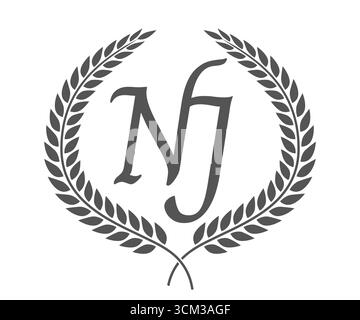 Anfangsbuchstaben N und J, NJ-Monogramm-Logo mit Lorbeerkranz. Luxuriöses Emblem mit Kalligraphie-Schriftart. Stock Vektor