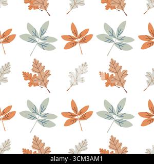 Herbstlaub-Muster. Nahtloser Hintergrund mit fallenden Blättern und Beeren in Braun- und Grüntönen auf weißem Hintergrund. Herbstmotiv für Textilien oder Geschenkpapier. Vektorabbildung. Stock Vektor