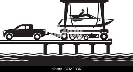 Mobiler Bootszug, der Yacht von der Abholung zum Wasser bewegt – Vektorillustration Stock Vektor