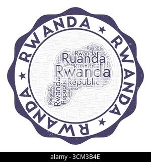 Ruanda-Logo. Ansprechendes Länderabzeichen mit Wortwolke in Form von Ruanda. Rundes Emblem mit Ländername. Illustration des Strahlungsvektors. Stock Vektor