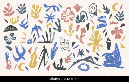 Farbenfrohe abstrakte Elemente mit Figuren, Vögeln und Pflanzen. Vektor Stock Vektor