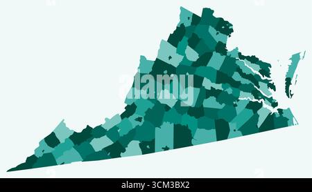 Karte von Virginia mit Countys. Nur eine einfache Grenzkarte mit Bezirksverteilung. Farbpalette Petrol. Stock Vektor