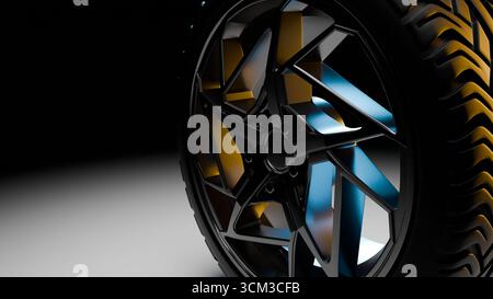 Eine 3D-Illustration, die das Felgendesign und die Laufflächenstruktur eines futuristischen Autoreifens mit goldenen und blauen Reflexen hervorhebt. Stockfoto
