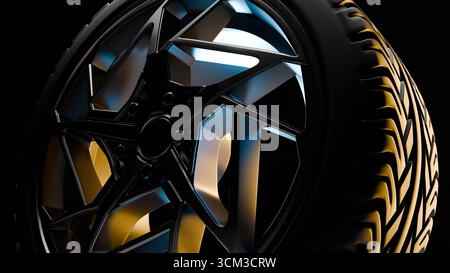 Eine 3D-Nahdarstellung einer futuristischen Reifenfelge und eines Teils des Profils mit goldenen Reflexen und dunklem futuristischem Design. Stockfoto