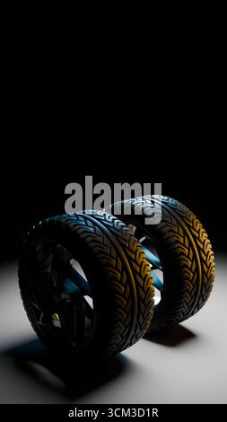 3D-Rendering von zwei modernen Autoreifen mit nebeneinander stehenden Leichtmetallfelgen, beleuchtet mit gelber und blauer Beleuchtung und detaillierten Profilmustern Stockfoto