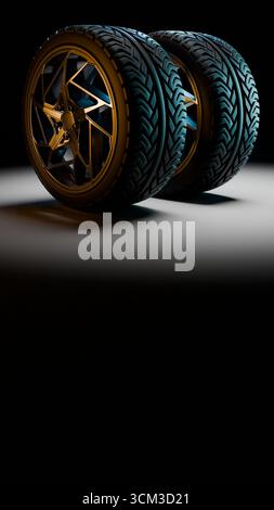 3D-Illustration von zwei Fahrzeugrädern mit detaillierten Leichtmetallfelgen, aufrechter Position im Spotlight, gerendert mit glänzenden Oberflächen, Profiltiefe und beleuchtet Stockfoto