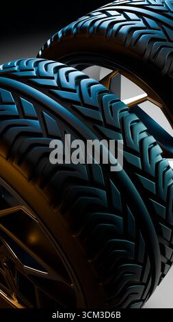 Detailgetreues 3D-Rendering von zwei Autoreifen mit Metallic-Felgen mit scharfen Profilmustern, geschwungenen Formen und modernem Fahrzeugdesign mit YE Stockfoto