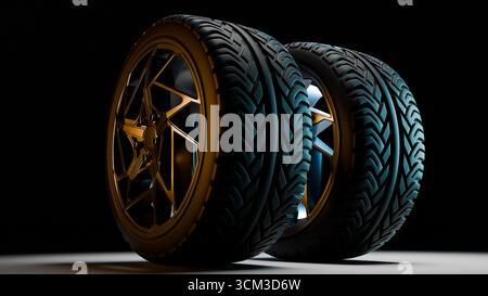 3D-Rendering von zwei aufrechten Autoreifen mit Alufelgen, die unter weicher Studiobeleuchtung angeordnet sind, detailgetreue Profilstruktur und hohe metallische Reflexionen Stockfoto