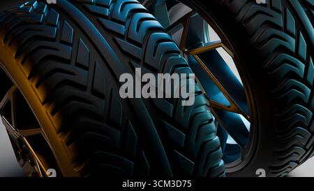 Makroansicht von drei Autoreifen mit detaillierten Profilmustern, glänzenden Seitenwänden und metallischen Leichtmetallfelgen unter dramatischer goldener und blauer Beleuchtung in A Stockfoto