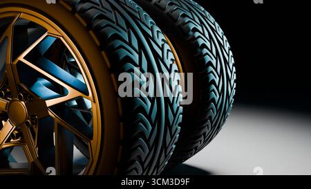 Detailreiches 3D-Rendering von drei hintereinander platzierten Autoreifen, goldenen Leichtmetallfelgen und scharfem Laufflächendesign, beleuchtet mit blauen und goldenen Lichteffekten in A Stockfoto