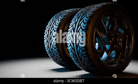 3D-Illustration von drei Autoreifen mit nebeneinander angeordneten Leichtmetallfelgen, beleuchtet mit blauen und goldenen Lichtern, Hervorhebung der Profilstruktur, Hochglanz-Su Stockfoto