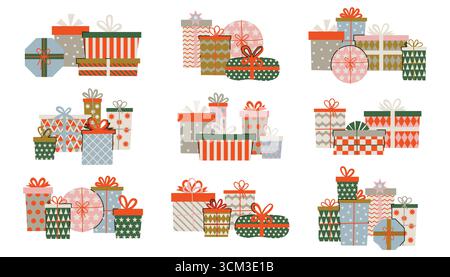 Cartoon-Kollektion mit niedlichen Geschenkschachteln für Feiertage. Helles handgezeichnetes Clipart für Weihnachten, Geburtstag, Party, fest Stock Vektor