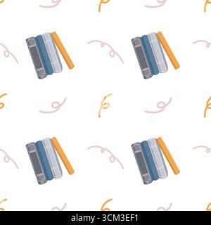 Nahtloses Muster mit Büchern und festlichem Konfetti im flachen Design. Stapel von Büchern. Pastellhintergrund zum Thema Bildung. Einfaches mehrfarbiges Muster auf weißem Hintergrund. Vektorabbildung. Stock Vektor