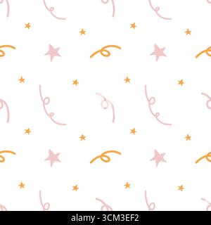 Farbenfroher Hintergrund mit Konfetti, festlichem Muster aus Bändern und Sternen. Nahtloses Muster für Kinderparty, Geburtstag. Buntes Konfetti auf weißem Hintergrund. Muster in Pastellfarben für Geschenkpapier, Bettwäsche, Karten, Textilien. Vektorabbildung. Stock Vektor